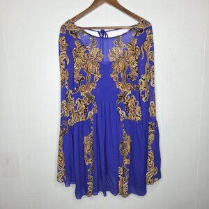 Intimatly Free People Womens Purple Scroll Bell Sleeve Mini Dress Size M Boho